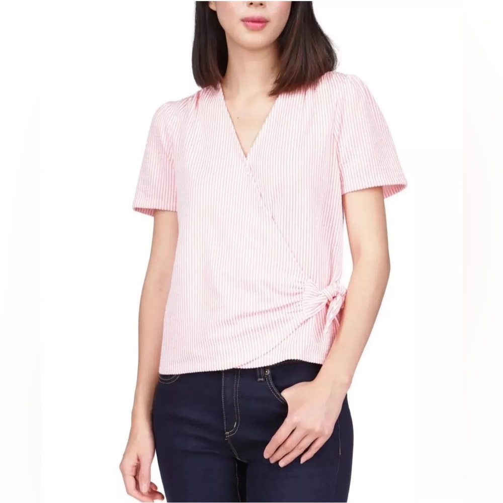 MICHAEL KORS Womens Orange Tie Snap Button Closure Short Sleeve Faux Wrap Top L